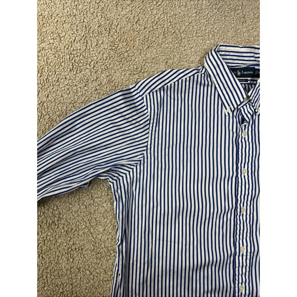 Polo Ralph Lauren Shirt Mens XL Blue Striped Custom Fit Button Down Pony 17.5